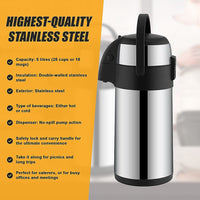 Air Pot for Tea Coffee 5L Pump Action Insulated Airpot Flask Drink Dispenser Home & Garden Kings Warehouse
