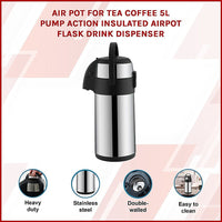 Air Pot for Tea Coffee 5L Pump Action Insulated Airpot Flask Drink Dispenser Home & Garden Kings Warehouse