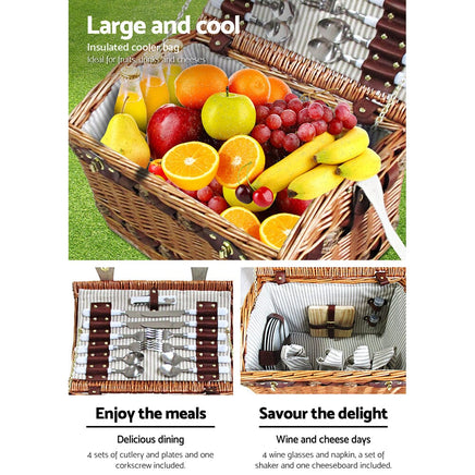 Alfresco 4 Person Picnic Basket Set Storage Blanket Outdoor Recreation Kings Warehouse