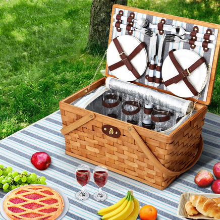 Alfresco 4 Person Picnic Basket Set Wooden Blanket Bag Insulated Outdoor Recreation Kings Warehouse