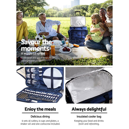 Alfresco 6 Person Picnic Basket Set Bag Wheels Insulated Trolley Outdoor Recreation Kings Warehouse