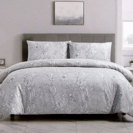 Artex Silver Peony Floral Printed Microfiber Polyester Quilt Cover Set Queen Home & Garden Kings Warehouse