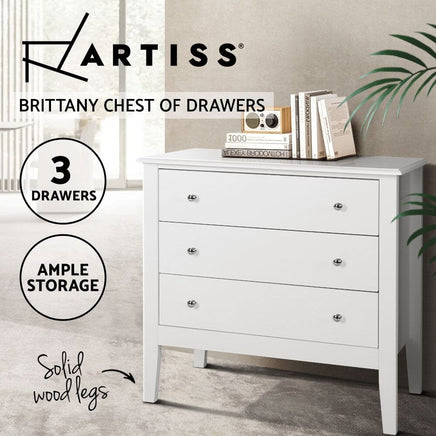 Artiss 3 Chest of Drawers - BRITTANY White Furniture Kings Warehouse