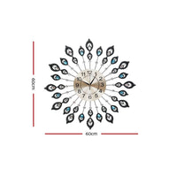 Artiss 60cm Wall Clock Large 3D Peacock Crystal Silver Home & Garden Kings Warehouse