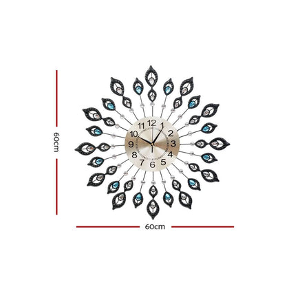 Artiss 60cm Wall Clock Large 3D Peacock Crystal Silver Home & Garden Kings Warehouse