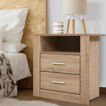 Artiss Bedside Table 2 Drawers with Shelf - TARA Oak Furniture Kings Warehouse