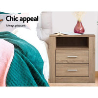 Artiss Bedside Table 2 Drawers with Shelf - TARA Oak Furniture Kings Warehouse