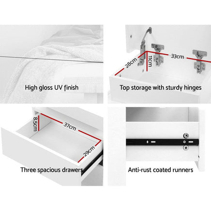 Artiss Bedside Table LED 3 Drawers - COLEY White Furniture Kings Warehouse