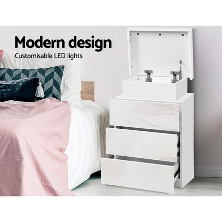 Artiss Bedside Table LED 3 Drawers - COLEY White Furniture Kings Warehouse