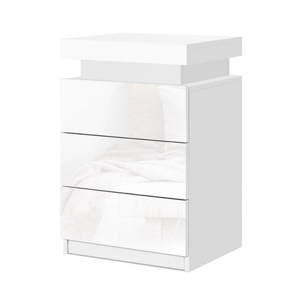 Artiss Bedside Table LED 3 Drawers - COLEY White Furniture Kings Warehouse