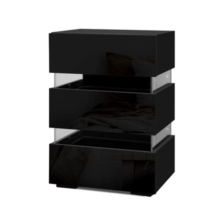 Artiss Bedside Table LED 3 Drawers - LUMI Black Furniture Kings Warehouse