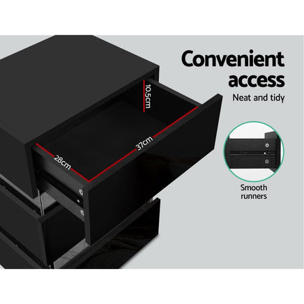 Artiss Bedside Table LED 3 Drawers - LUMI Black Furniture Kings Warehouse