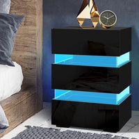 Artiss Bedside Table LED 3 Drawers - LUMI Black Furniture Kings Warehouse