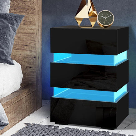 Artiss Bedside Table LED 3 Drawers - LUMI Black Furniture Kings Warehouse