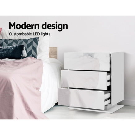 Artiss Bedside Table LED 3 Drawers - MORI White Furniture Kings Warehouse