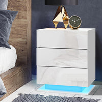 Artiss Bedside Table LED 3 Drawers - MORI White Furniture Kings Warehouse