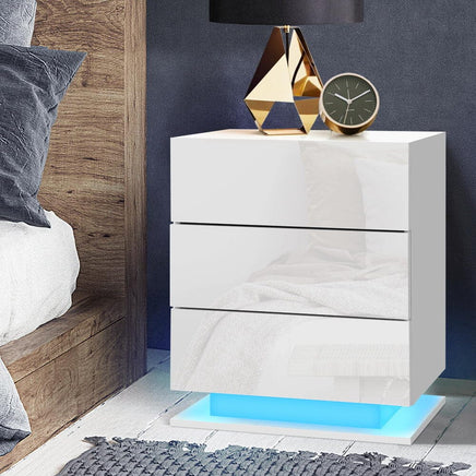 Artiss Bedside Table LED 3 Drawers - MORI White Furniture Kings Warehouse