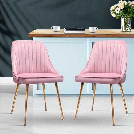 Artiss Dining Chairs Set of 2 Velvet Channel Tufted Pink Furniture Kings Warehouse