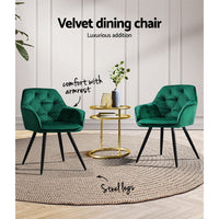 Artiss Dining Chairs Set of 2 Velvet Diamond Tufted Armchair Green Furniture Kings Warehouse