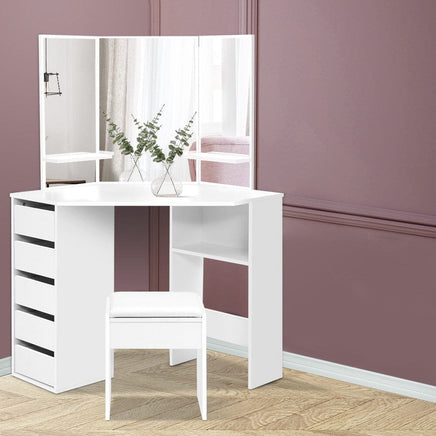 Artiss Dressing Table Stool Set Corner 5 Drawers White Furniture Kings Warehouse