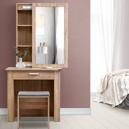 Artiss Dressing Table Stool Set Sliding Mirror Oak Demi Furniture Kings Warehouse