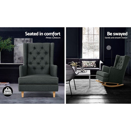 Artiss Rocking Chair Armchair Linen Fabric Charcoal Gaia Furniture Kings Warehouse