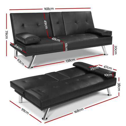 Artiss Sofa Bed 168CM Black PU Leather Furniture Kings Warehouse