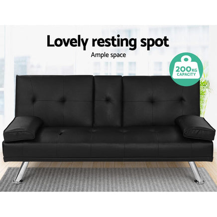 Artiss Sofa Bed 168CM Black PU Leather Furniture Kings Warehouse