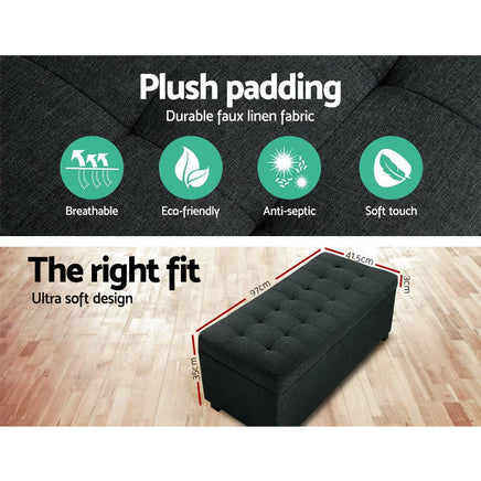 Artiss Storage Ottoman Blanket Box 97cm Linen Charcoal Furniture Kings Warehouse