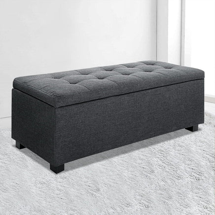 Artiss Storage Ottoman Blanket Box 97cm Linen Charcoal Furniture Kings Warehouse