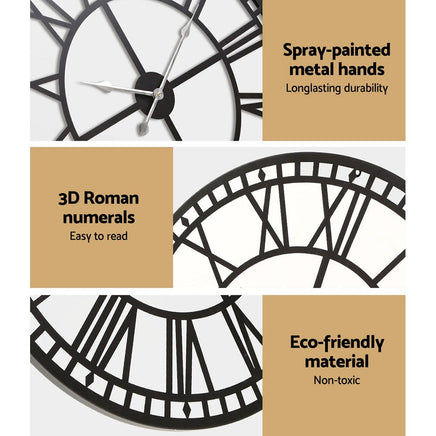 Artiss Wall Clock 60CM Large Roman Numerals Round Metal Luxury Wall Clocks Home Decor Black Kings Warehouse