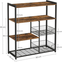 Baker's Rack with 2 Metal Mesh Baskets, Shelves and Hooks, 80 x 35 x 95 cm, Industrial Style, Rustic Brown Furniture Kings Warehouse