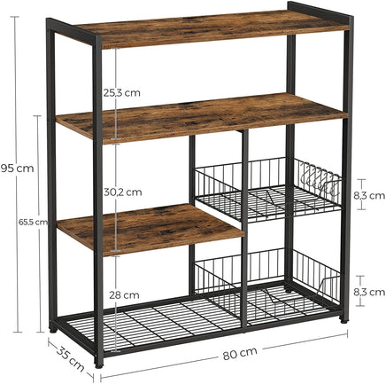 Baker's Rack with 2 Metal Mesh Baskets, Shelves and Hooks, 80 x 35 x 95 cm, Industrial Style, Rustic Brown Furniture Kings Warehouse