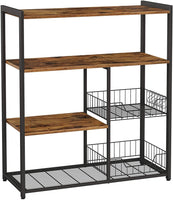 Baker's Rack with 2 Metal Mesh Baskets, Shelves and Hooks, 80 x 35 x 95 cm, Industrial Style, Rustic Brown Furniture Kings Warehouse