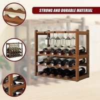 Bamboo Wine Rack Free Standing 15 Bottles with 6 Glasses Holder Storage in Dark Brown Furniture Kings Warehouse