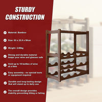 Bamboo Wine Rack Free Standing 15 Bottles with 6 Glasses Holder Storage in Dark Brown Furniture Kings Warehouse