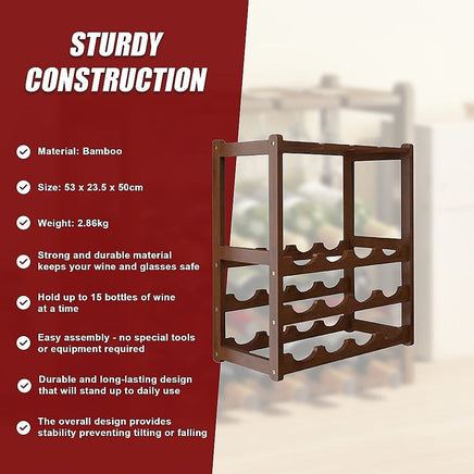 Bamboo Wine Rack Free Standing 15 Bottles with 6 Glasses Holder Storage in Dark Brown Furniture Kings Warehouse