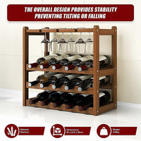Bamboo Wine Rack Free Standing 15 Bottles with 6 Glasses Holder Storage in Dark Brown Furniture Kings Warehouse