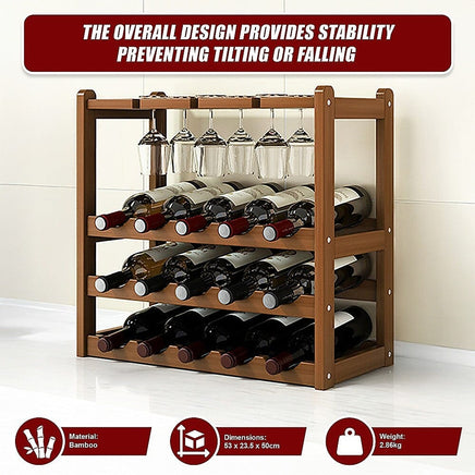 Bamboo Wine Rack Free Standing 15 Bottles with 6 Glasses Holder Storage in Dark Brown Furniture Kings Warehouse