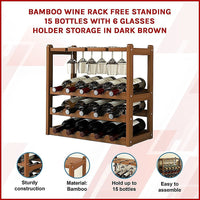 Bamboo Wine Rack Free Standing 15 Bottles with 6 Glasses Holder Storage in Dark Brown Furniture Kings Warehouse