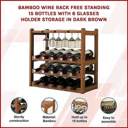 Bamboo Wine Rack Free Standing 15 Bottles with 6 Glasses Holder Storage in Dark Brown Furniture Kings Warehouse