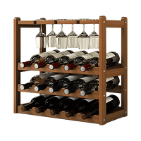 Bamboo Wine Rack Free Standing 15 Bottles with 6 Glasses Holder Storage in Dark Brown Furniture Kings Warehouse