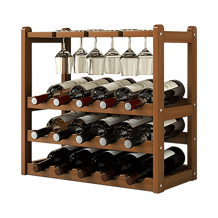Bamboo Wine Rack Free Standing 15 Bottles with 6 Glasses Holder Storage in Dark Brown Furniture Kings Warehouse