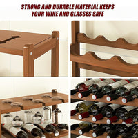 Bamboo Wine Rack Free Standing 15 Bottles with 6 Glasses Holder Storage in Dark Brown Furniture Kings Warehouse