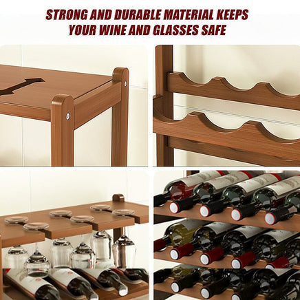 Bamboo Wine Rack Free Standing 15 Bottles with 6 Glasses Holder Storage in Dark Brown Furniture Kings Warehouse