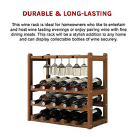 Bamboo Wine Rack Free Standing 15 Bottles with 6 Glasses Holder Storage in Dark Brown Furniture Kings Warehouse