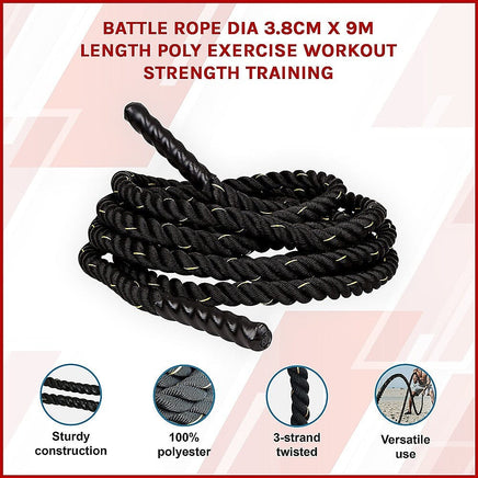 Battle Rope Dia 3.8cm x 9M length Poly Exercise Workout Strength Training Sports & Fitness Kings Warehouse