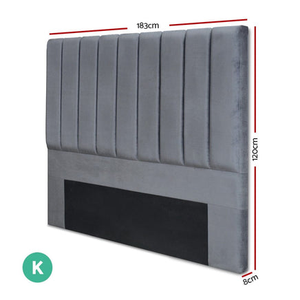 Bed Head Headboard King Velvet - VELA Grey Furniture Kings Warehouse