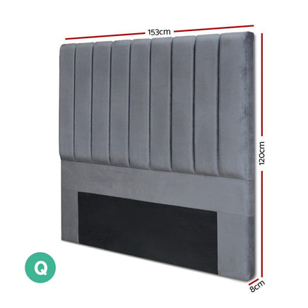 Bed Head Headboard Queen Velvet - VELA Grey Furniture Kings Warehouse