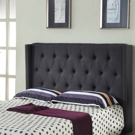 Bed Head Queen Charcoal Headboard Upholstery Fabric Studded Buttons Furniture Kings Warehouse